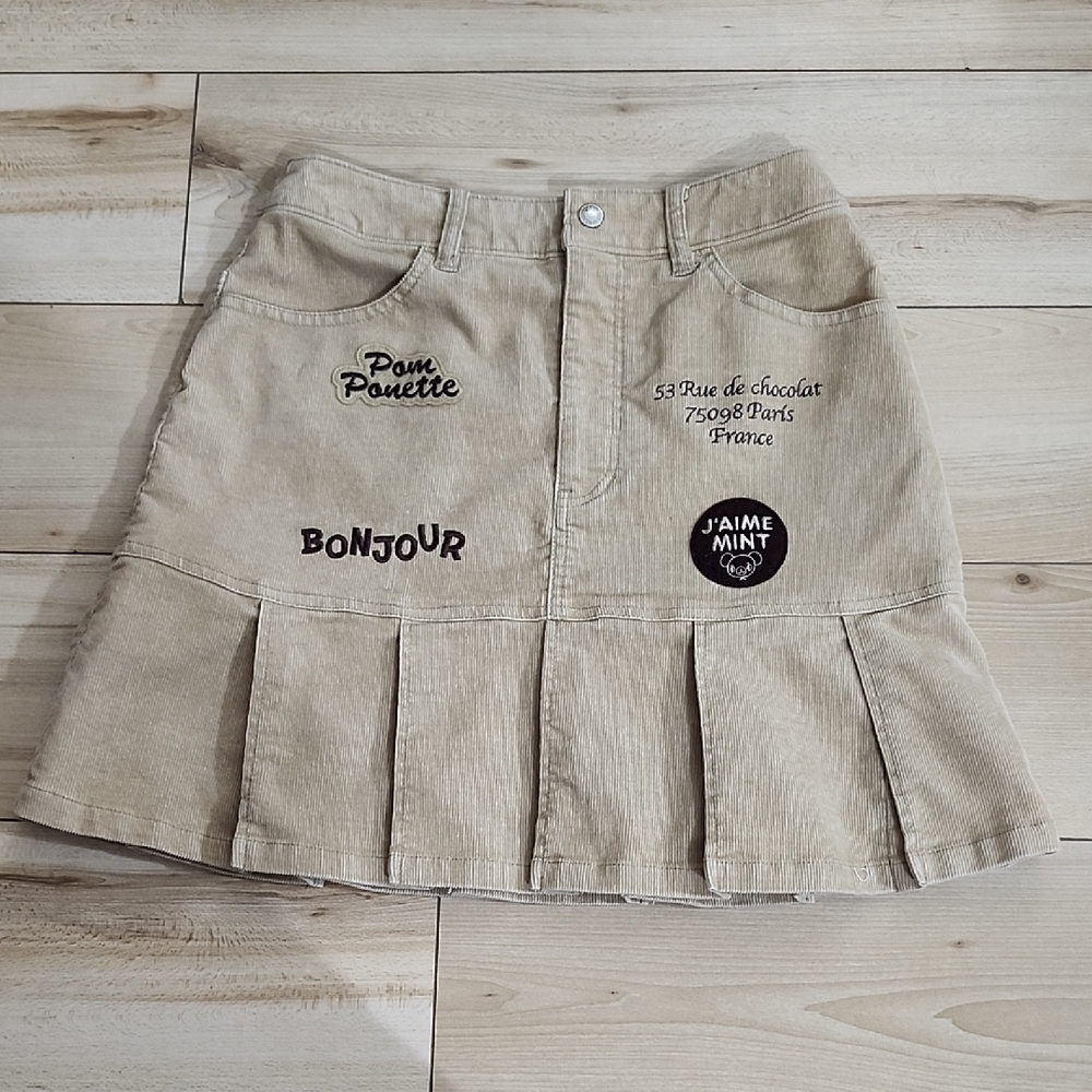 Stylish Corduroy Pom Ponette Skirt with Fun Embroidery